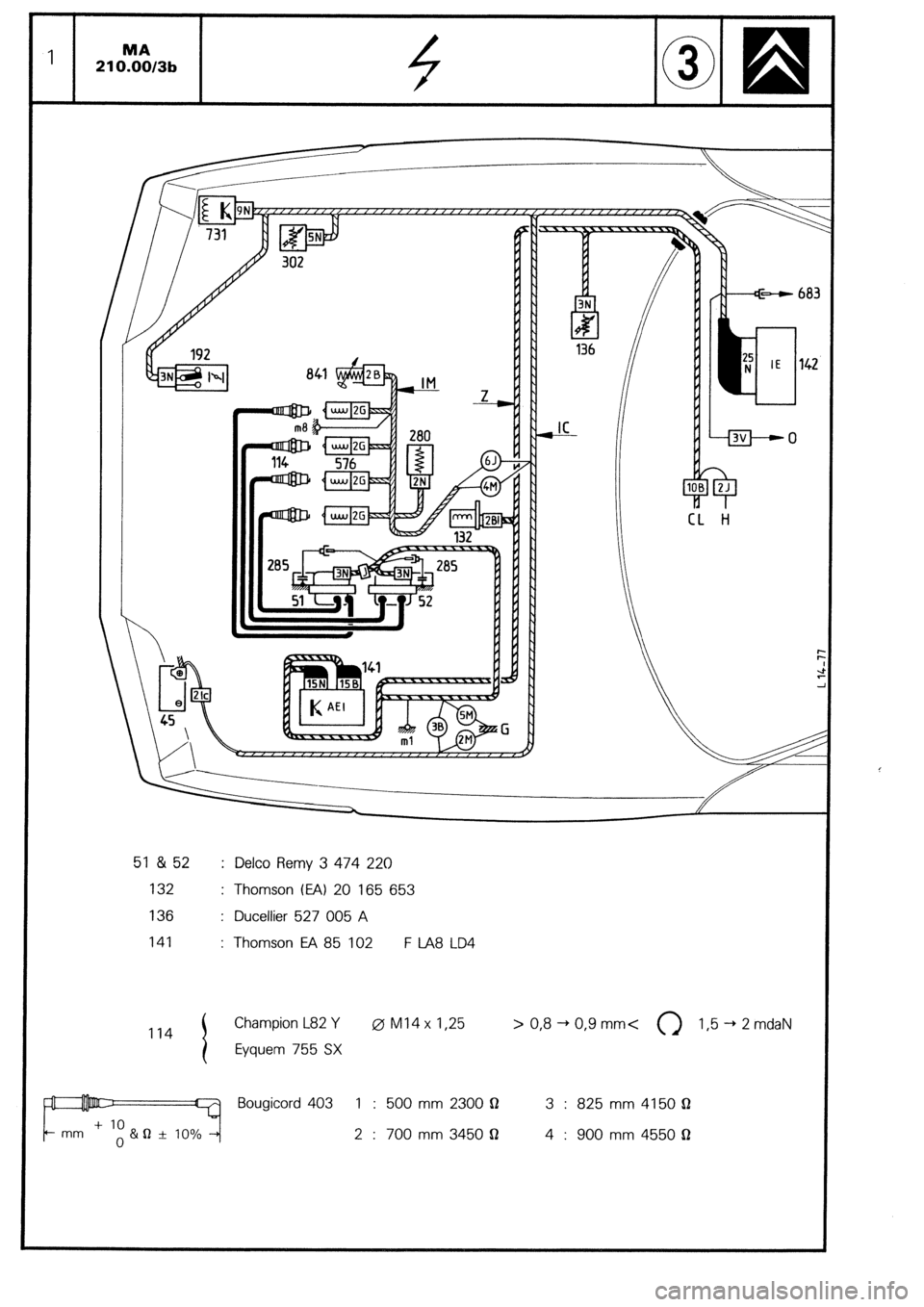 CITROEN CX 1988  Service Manual 1 MA 21 O.O0/3b 
-p&---O 
CL H 
51 & 52 
132 
136 
141 : Delco Remy 3 474 220 
: Thomson (EA) 20 165 653 
: Duceliier 527 005 A 
: Thomson E!A 85 102 F LA8 LD4 
114 -+ + 
Champion L82 Y 0 Ml4 x I,25 >