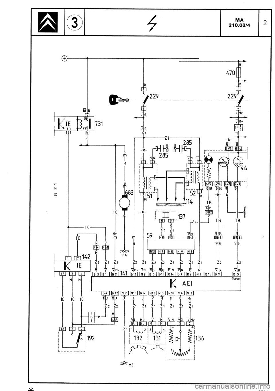 CITROEN CX 1988  Service Manual MA 210.00/4 2 
L 
t------l c- 
IC IC IC 
I I 
;2 t2 
l-n I RI, / 
I 
77 
81 VG MG i;iN VN fi I 
11 
AEI 
lB 6 1 lBl3l ml lB 7 1 lB2 1 IN 
1 TB iB - 
Zl 22 22 
Ll 
- 
Turbo 
L---- -------. 
ml 
136 
