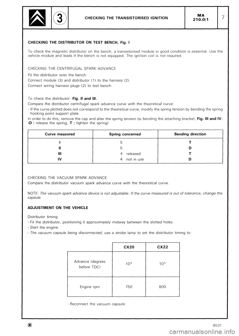 CITROEN CX 1988 Service Manual CHECKING THE TRANSISTORISED IGNITION MA
210.0/l 7 CHECKING THE DISTRIBUTOR ON TEST BENCH, Fig. I
To check the magnetic distributor on the bench, a transistorised module in good condition is essentia CITROEN CX 1988 Service Manual CHECKING THE TRANSISTORISED IGNITION MA
210.0/l 7 CHECKING THE DISTRIBUTOR ON TEST BENCH, Fig. I
To check the magnetic distributor on the bench, a transistorised module in good condition is essentia