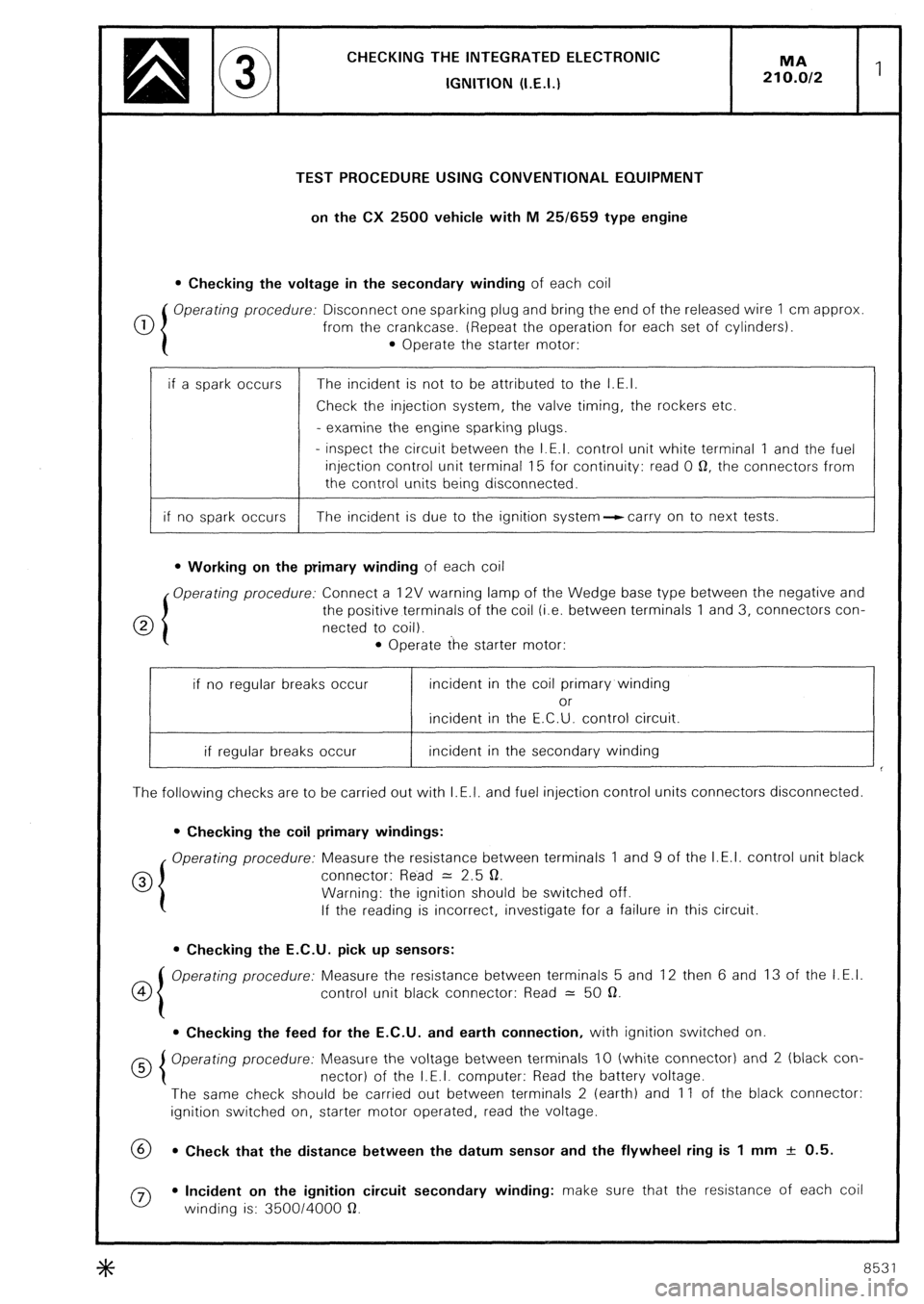 CITROEN CX 1988 Service Manual CHECKING THE INTEGRATED ELECTRONlC
IGNITION (I.E.I.)
TEST PROCEDURE USING CONVENTIONAL EQUIPMENT
on the CX 2500 vehicle with M 25/659 type engine
l Checking the voltage in the secondary winding of CITROEN CX 1988 Service Manual CHECKING THE INTEGRATED ELECTRONlC
IGNITION (I.E.I.)
TEST PROCEDURE USING CONVENTIONAL EQUIPMENT
on the CX 2500 vehicle with M 25/659 type engine
l Checking the voltage in the secondary winding of