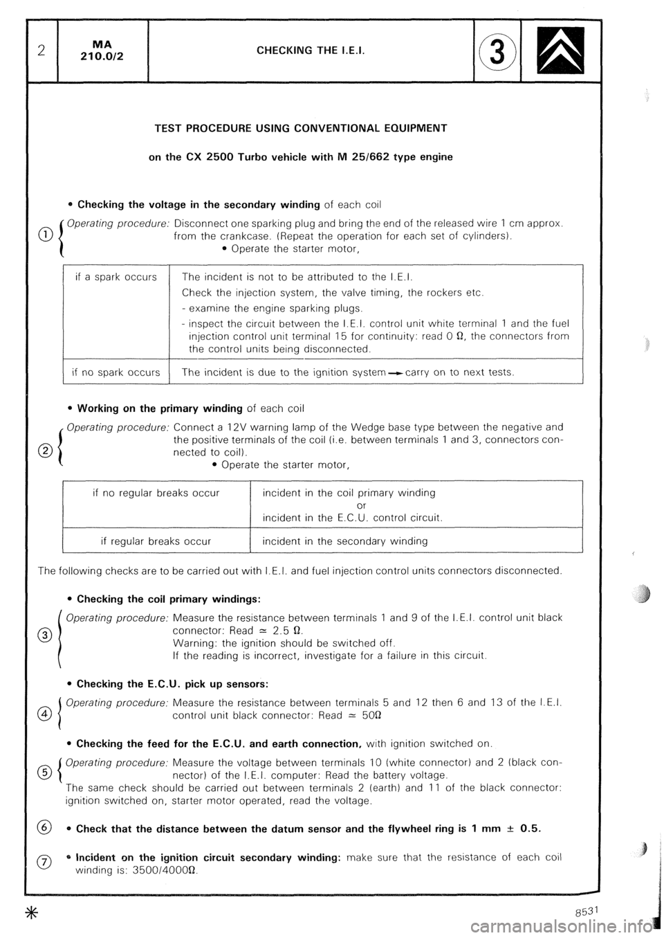 CITROEN CX 1988 Service Manual CHECKING THE I.E.I.
TEST PROCEDURE USING CONVENTIONAL EQUIPMENT
on the CX 2500 Turbo vehicle with M 25/662 type engine
0 Checking the voltage in the secondary winding of each coil
0 Operating proc CITROEN CX 1988 Service Manual CHECKING THE I.E.I.
TEST PROCEDURE USING CONVENTIONAL EQUIPMENT
on the CX 2500 Turbo vehicle with M 25/662 type engine
0 Checking the voltage in the secondary winding of each coil
0 Operating proc