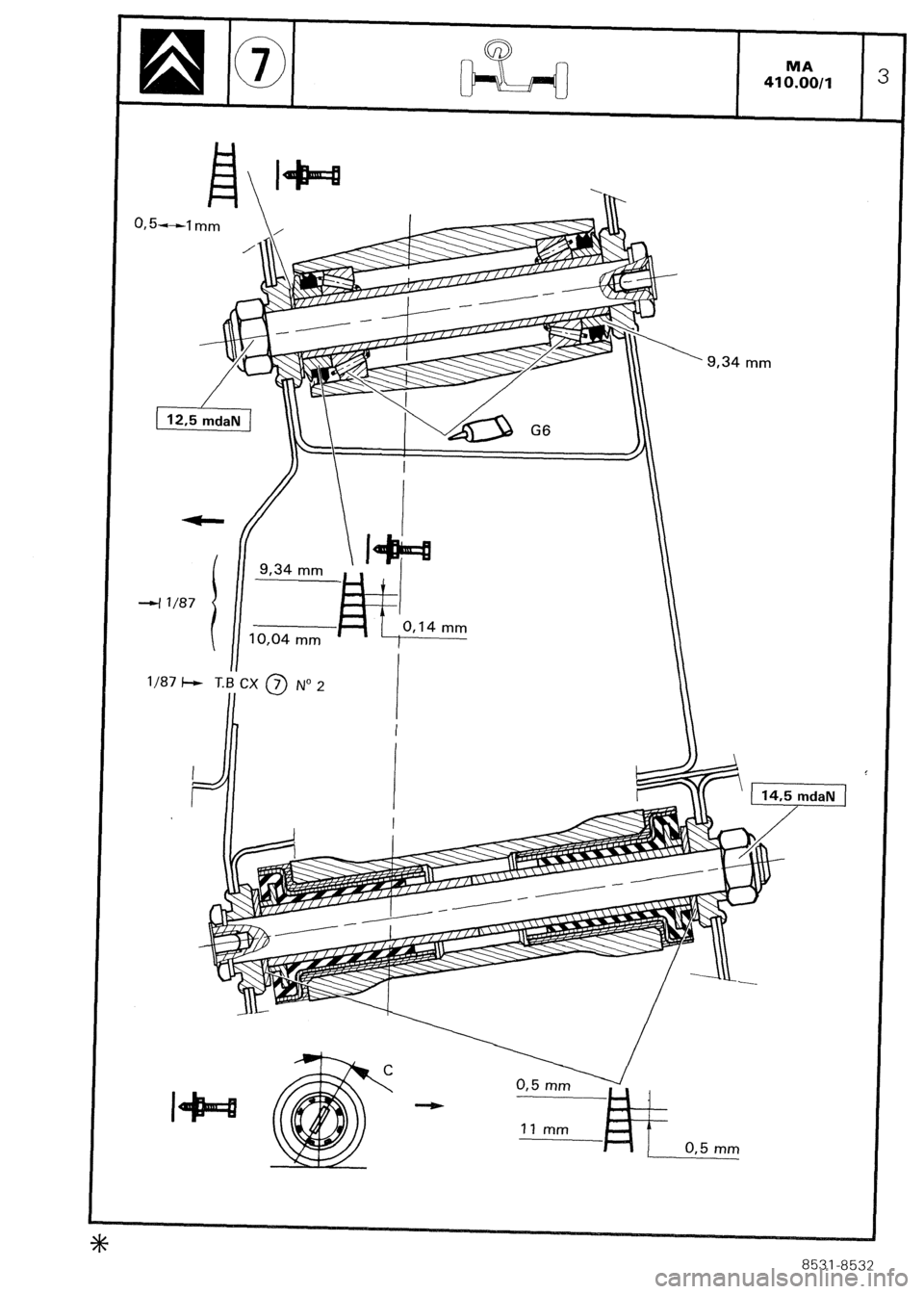 CITROEN CX 1988  Service Manual El 
0,5 
-1 mm 
[ 12.5 mdaN 1 
4 T/87 
i Lmm j*  \{ 
-9, 
0,14 mm 
---. 
I- \ 
l/87 
I 
9,34 mm . 
8531-8532  