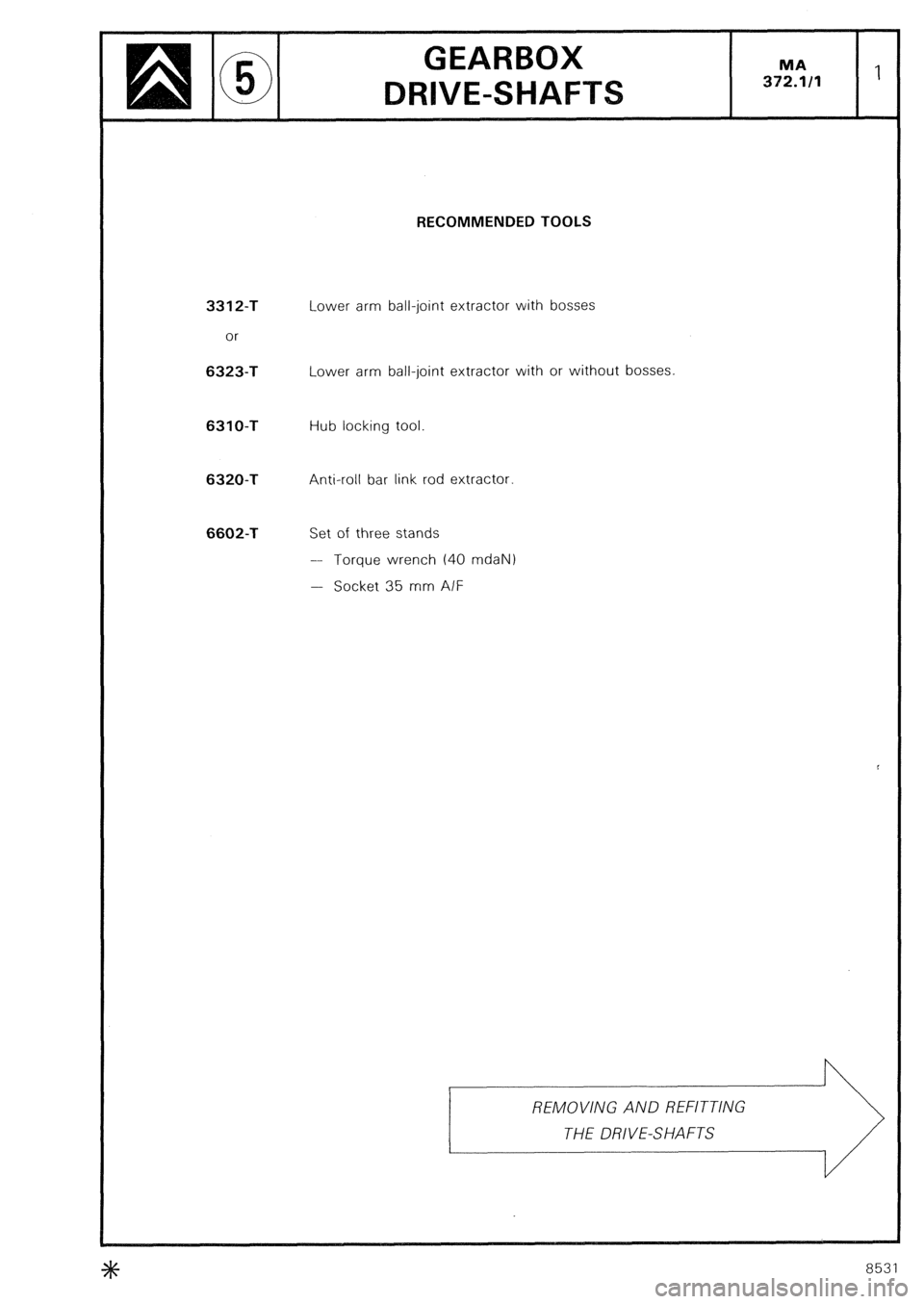 CITROEN CX 1988  Service Manual RECOMMENDED TOOLS 
3312-T 
or 6323-T 
Lower arm ball-joint extractor with bosses 
Lower arm ball-joint extractor with or without bosses 6310-T 
Hub locking tool 6320-T 
Anti-roll bar link rod extracto