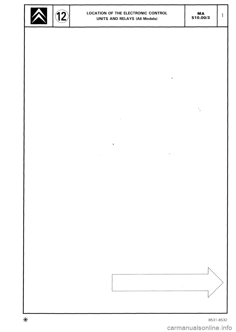 CITROEN CX 1988 Service Manual LOCATION OF THE ELECTRONIC CONTROL MA
UNITS AND RELAYS (All Models) 510.00/3 1
.
t 8531-8532 CITROEN CX 1988 Service Manual LOCATION OF THE ELECTRONIC CONTROL MA
UNITS AND RELAYS (All Models) 510.00/3 1
.
t 8531-8532