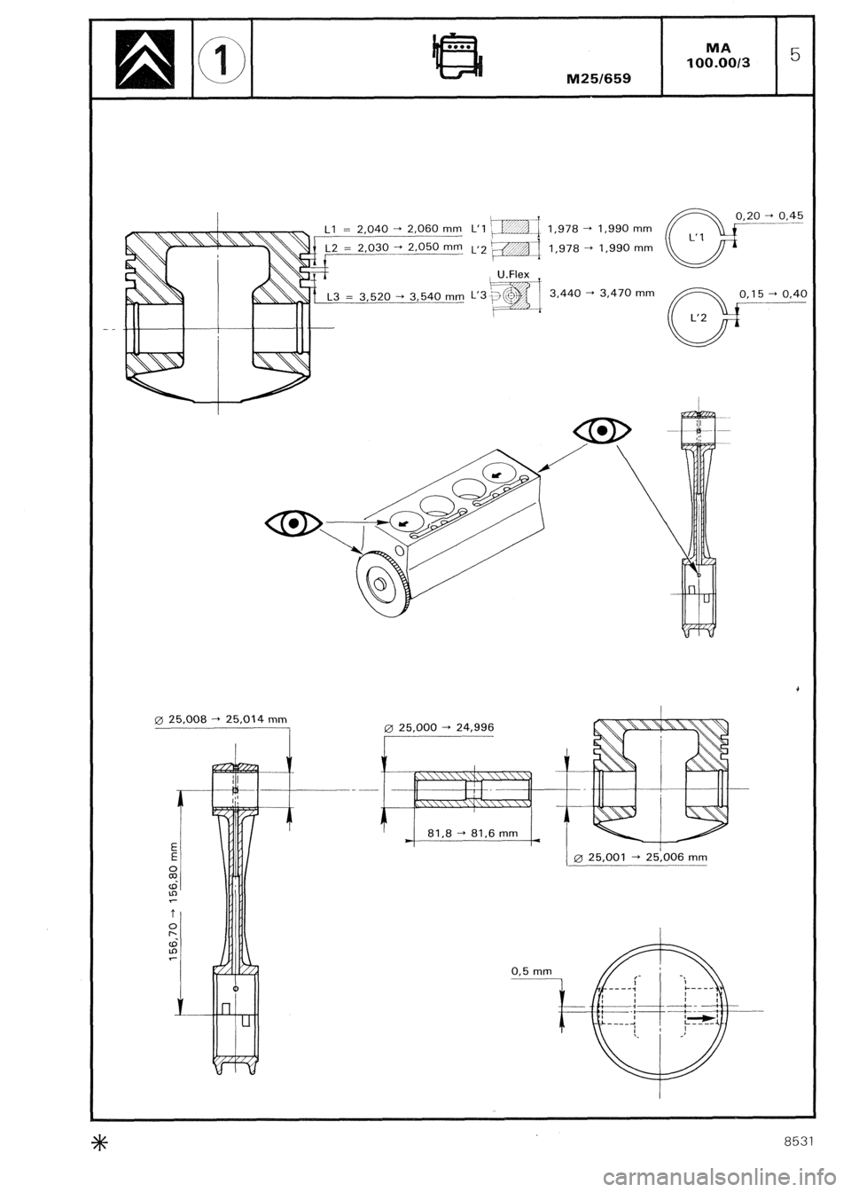 CITROEN CX 1988 Workshop Manual 1,978 ---t 1,990 mm 
1,978 --) 1,990 mm 
3,440 + 3,470 mm 
0 25,008 -+ 25,014 mm 
1 0 25,000 .-+ 
24,996 
d 
1 0 25,001 + 25;006 mm 
0,5 mm 
7 
8531  