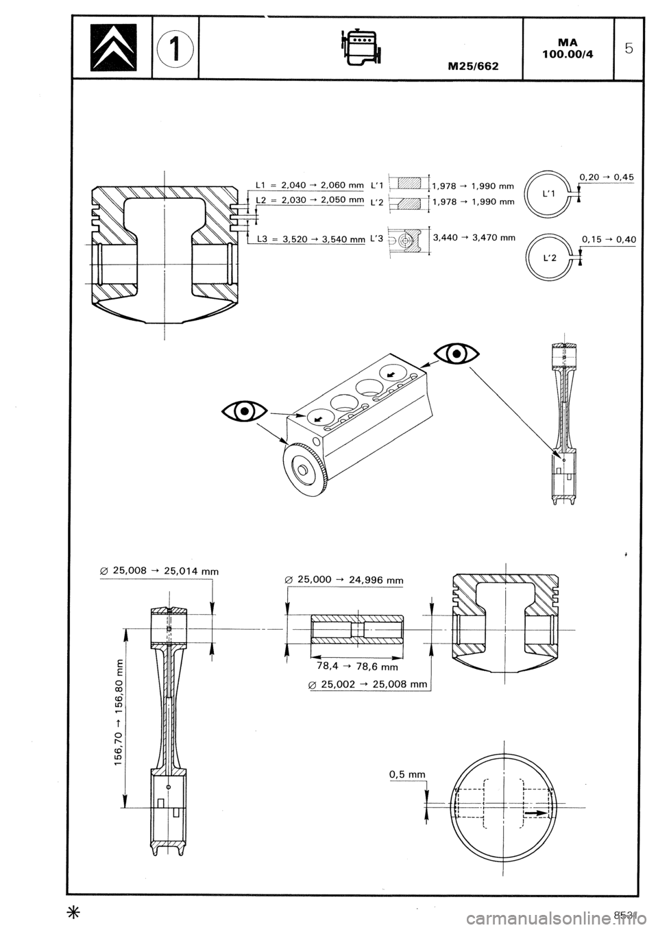 CITROEN CX 1988 Repair Manual Ll = 2,040 + 2,060 mm L’l ‘qgj$ggQ, ,978  k -+ 1,990 mm 
/2 = 2.030 + 2.050 mm ~2 bw[q,g78 + 1,990 mm 
3 = 3,520 --t 3,540 mm L’3 9 \-i,’  ~3,440 + 3,470 mm Q,15 + 0,40 
0 25,008 -+ 25,014 mm