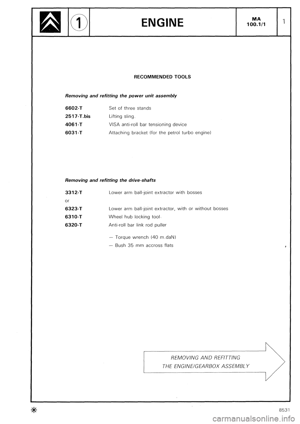 CITROEN CX 1988  Service Manual RECOMMENDED TOOLS 
Removing and refitting the power unit assembly 6602-T 
2517-T.bis 
406 1 -T 
6031 -T 
Set of three stands 
Lifting sling. 
VISA anti-roll bar tensioning device 
Attaching bracket (f