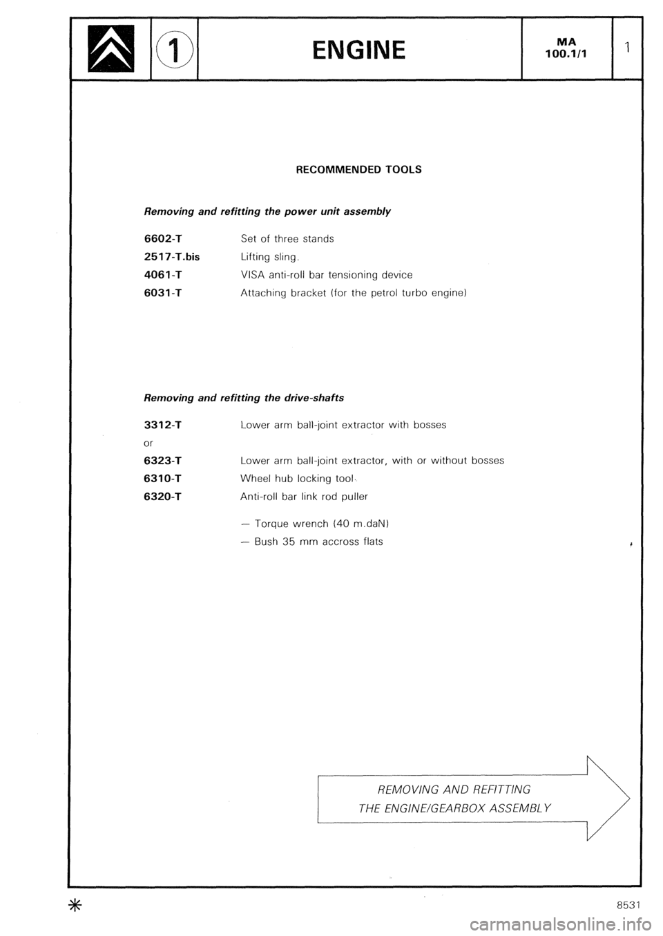 CITROEN CX 1988 Service Manual RECOMMENDED TOOLS
Removing and refitting the power unit assembly 6602-T
2517-T.bis
406 1 -T
6031 -T
Set of three stands
Lifting sling.
VISA anti-roll bar tensioning device
Attaching bracket (f CITROEN CX 1988 Service Manual RECOMMENDED TOOLS
Removing and refitting the power unit assembly 6602-T
2517-T.bis
406 1 -T
6031 -T
Set of three stands
Lifting sling.
VISA anti-roll bar tensioning device
Attaching bracket (f