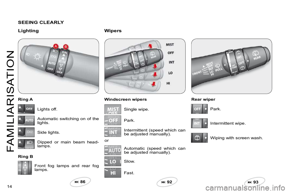 CITROEN C CROSSER 2009  Owners Manual 14 
FAMILIARISATION
  SEEING CLEARLY  
  Lighting 
  Ring A  
  Ring B   Windscreen wipers 
  Wipers 
  Rear wiper 
 Front  fog  lamps  and  rear  fog lamps. 
�  86    �  92   �  93    
 Ligh