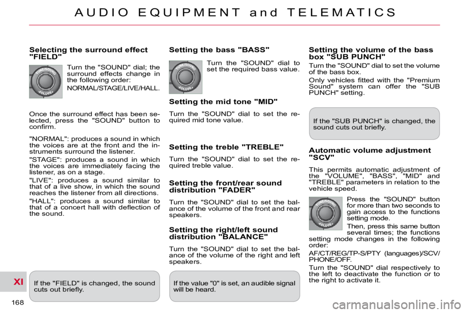 CITROEN C CROSSER 2009  Owners Manual XI
A U D I O   E Q U I P M E N T   a n d   T E L E M A T I C S
168 
  Selecting the surround effect "FIELD" 
 Turn  the  "SOUND"  dial;  the  
surround  effects  change  in 
the following orde