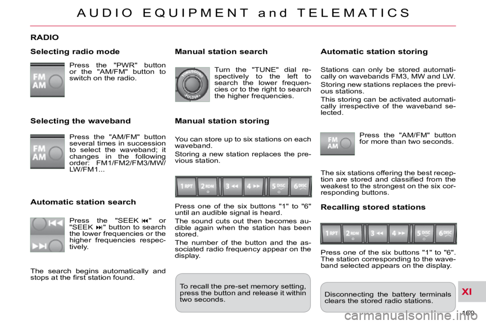 CITROEN C CROSSER 2009  Owners Manual XI
A U D I O   E Q U I P M E N T   a n d   T E L E M A T I C S
169 
RADIO 
  Selecting radio mode 
 Press  the  "PWR"  button  
or  the  "AM/FM"  button  to 
switch on the radio.   Dis