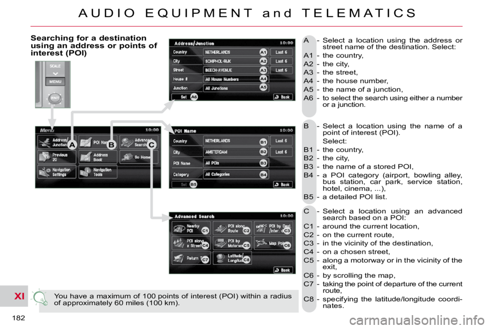 CITROEN C CROSSER 2009 Owners Manual XI
A U D I O E Q U I P M E N T a n d T E L E M A T I C S
182
B - Select a location using the name of a point of interest (POI).
Select:
B1 - the country,
B2 - the cit CITROEN C CROSSER 2009 Owners Manual XI
A U D I O E Q U I P M E N T a n d T E L E M A T I C S
182
B - Select a location using the name of a point of interest (POI).
Select:
B1 - the country,
B2 - the cit
