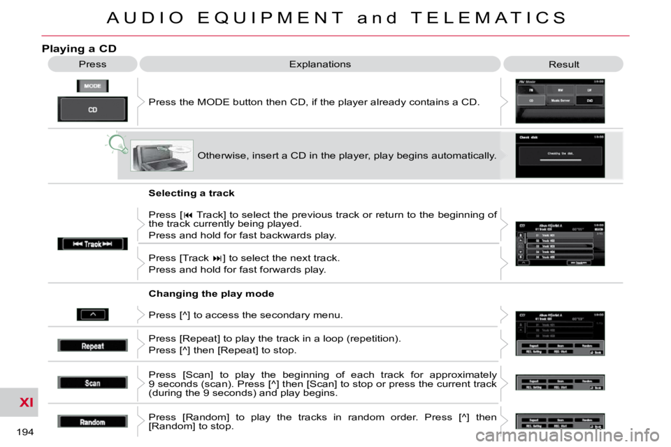 CITROEN C CROSSER 2009 Owners Manual XI
A U D I O E Q U I P M E N T a n d T E L E M A T I C S
194
Playing a CD
Press the MODE button then CD, if the player already contains a CD.
Press
Explanations
Result
Otherwise, inse CITROEN C CROSSER 2009 Owners Manual XI
A U D I O E Q U I P M E N T a n d T E L E M A T I C S
194
Playing a CD
Press the MODE button then CD, if the player already contains a CD.
Press
Explanations
Result
Otherwise, inse