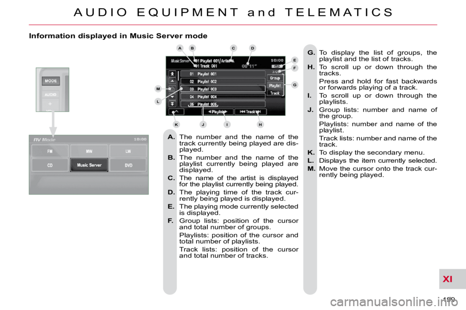 CITROEN C CROSSER 2009  Owners Manual XI
A U D I O   E Q U I P M E N T   a n d   T E L E M A T I C S
199 
  Information displayed in Music Server mode 
   
A.    The  number  and  the  name  of  the 
track currently being played are dis- 