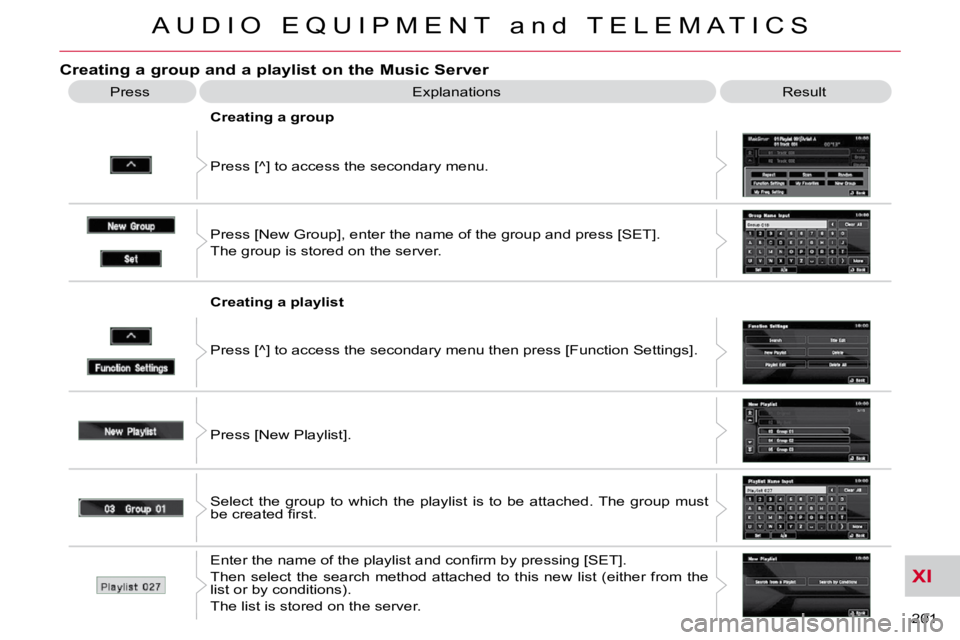 CITROEN C CROSSER 2009  Owners Manual XI
A U D I O   E Q U I P M E N T   a n d   T E L E M A T I C S
201 
Creating a group and a playlist on the Music Server 
 Explanations  Result 
 Press [^] to access the secondary menu. 
  Creating a g