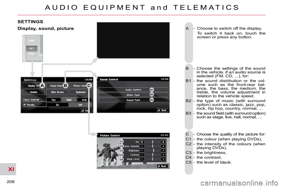CITROEN C CROSSER 2009  Owners Manual XI
A U D I O   E Q U I P M E N T   a n d   T E L E M A T I C S
208 
 A  -  Choose to switch off the display.    To  switch  it  back  on,  touch  the screen or press any button. 
 B  -   Choose  the  