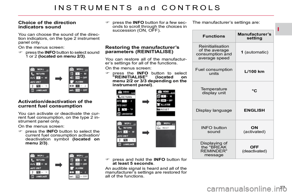 CITROEN C CROSSER 2009 Owners Guide I
I N S T R U M E N T S   a n d   C O N T R O L S
37 
� � �C�h�o�i�c�e� �o�f� �t�h�e� �d�i�r�e�c�t�i�o�n� indicators sound 
 You can choose the sound of the direc- 
tion indicators, on the type 2 inst