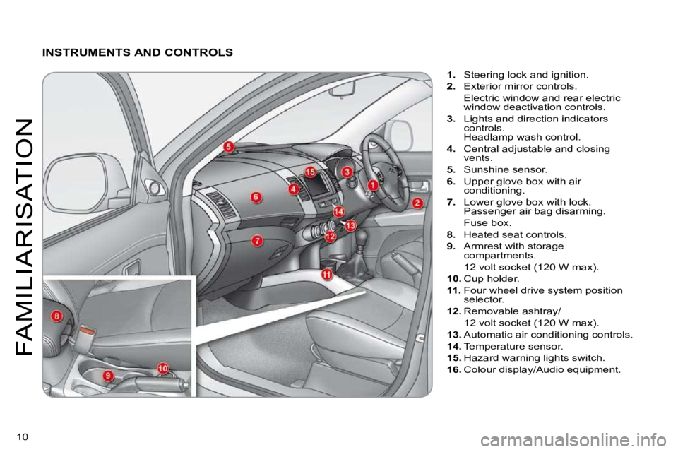 CITROEN C CROSSER 2009  Owners Manual 10 
FAMILIARISATION
  INSTRUMENTS AND CONTROLS 
1.   Steering lock and ignition. 
2.   Exterior mirror controls.  
  Electric window and rear electric window deactivation controls. 
3.   Lights and di