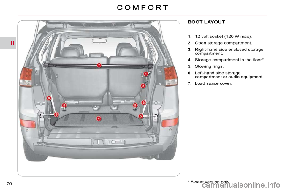 CITROEN C CROSSER 2009 Repair Manual II
70 
BOOT LAYOUT 
    
1. � �  �1�2� �v�o�l�t� �s�o�c�k�e�t� �(�1�2�0� �W� �m�a�x�)�.� 
  
2. � �  �O�p�e�n� �s�t�o�r�a�g�e� �c�o�m�p�a�r�t�m�e�n�t�.� 
  
3.    Right-hand side enclosed storage 
�c�