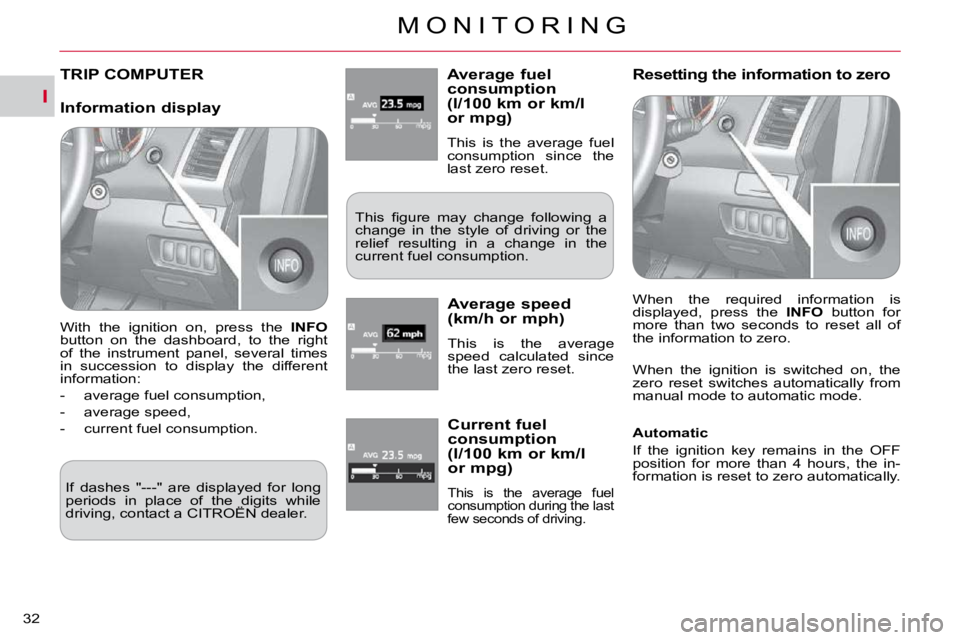 CITROEN C CROSSER 2010  Owners Manual I
M O N I T O R I N G
32 
TRIP COMPUTER � � �A�v�e�r�a�g�e� �f�u�e�l� consumption(l/100 km or km/lor mpg) 
 This  is  the  average  fuel  
consumption  since  the 
last zero reset. 
� �T�h�i�s�  �ﬁ�