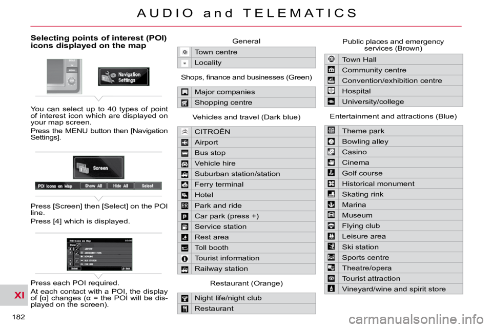 CITROEN C CROSSER 2010 Owners Manual XI
182
A U D I O a n d T E L E M A T I C S
Selecting points of interest (POI) icons displayed on the map
You can select up to 40 types of point
of interest icon which are display CITROEN C CROSSER 2010 Owners Manual XI
182
A U D I O a n d T E L E M A T I C S
Selecting points of interest (POI) icons displayed on the map
You can select up to 40 types of point
of interest icon which are display