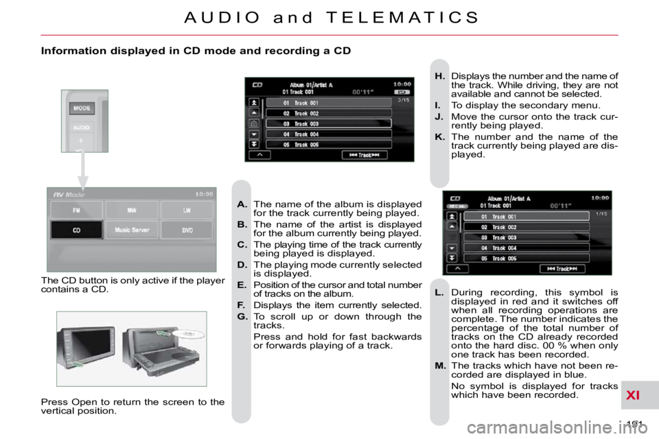 CITROEN C CROSSER 2010  Owners Manual XI
191 
A U D I O   a n d   T E L E M A T I C S
  Information displayed in CD mode and recording a CD 
   
A.    The name of the album is displayed 
for the track currently being played. 
  
B.    The