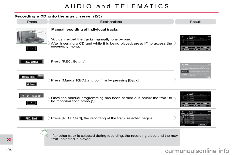 CITROEN C CROSSER 2010 Owners Manual XI
A U D I O a n d T E L E M A T I C S
Recording a CD onto the music server (2/3)
Press Explanations Result
Manual recording of individual tracks
You can record the tracks manually, on CITROEN C CROSSER 2010 Owners Manual XI
A U D I O a n d T E L E M A T I C S
Recording a CD onto the music server (2/3)
Press Explanations Result
Manual recording of individual tracks
You can record the tracks manually, on