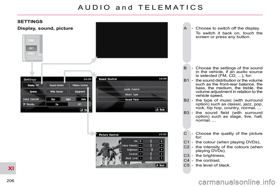 CITROEN C CROSSER 2010 Owners Manual XI
206
A U D I O a n d T E L E M A T I C S
A - Choose to switch off the display.
To switch it back on, touch the screen or press any button.
B - Choose the settings of the s CITROEN C CROSSER 2010 Owners Manual XI
206
A U D I O a n d T E L E M A T I C S
A - Choose to switch off the display.
To switch it back on, touch the screen or press any button.
B - Choose the settings of the s