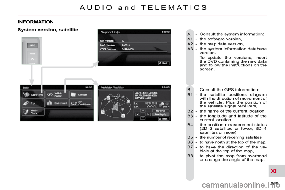 CITROEN C CROSSER 2010 Owners Manual XI
209
A U D I O a n d T E L E M A T I C S
INFORMATION
A - Consult the system information:
A1 - the software version,
A2 - the map data version,
A3 - the system information dat CITROEN C CROSSER 2010 Owners Manual XI
209
A U D I O a n d T E L E M A T I C S
INFORMATION
A - Consult the system information:
A1 - the software version,
A2 - the map data version,
A3 - the system information dat