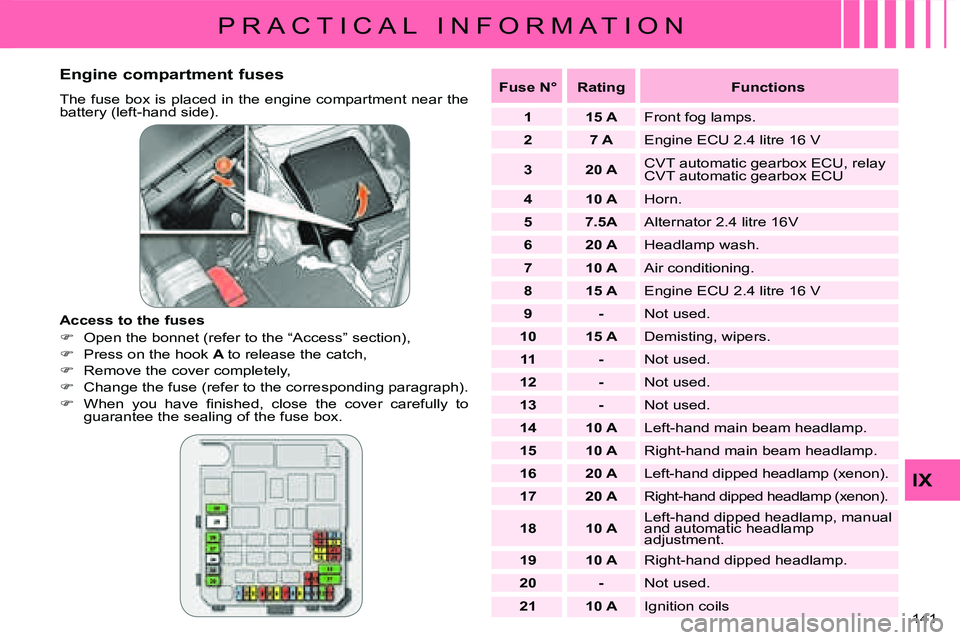CITROEN C CROSSER DAG 2009 User Guide P R A C T I C A L   I N F O R M A T I O N
IX
141 
  Engine compartment fuses  
� �T�h�e� �f�u�s�e� �b�o�x� �i�s� �p�l�a�c�e�d� �i�n� �t�h�e� �e�n�g�i�n�e� �c�o�m�p�a�r�t�m�e�n�t� �n�e�a�r� �t�h�e�  
b