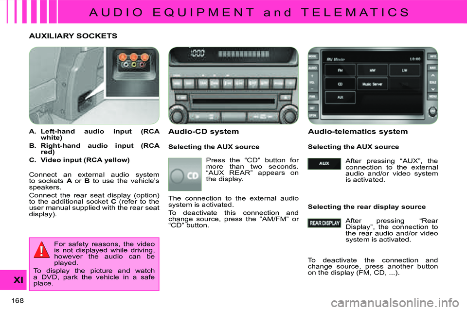 CITROEN C CROSSER DAG 2009  Owners Manual A U D I O   E Q U I P M E N T   a n d   T E L E M A T I C S
XI
168 
AUXILIARY SOCKETS 
   
A.    
Left-hand  audio  input  (RCA  
white)   
  
B.    
Right-hand  audio  input  (RCA 
red)   
  
C.    

