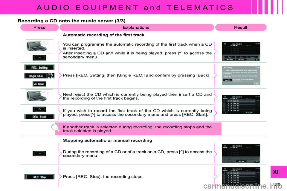 CITROEN C CROSSER DAG 2009  Owners Manual A U D I O   E Q U I P M E N T   a n d   T E L E M A T I C S
XI
189 
  Recording a CD onto the music server (3/3)  Press  � �E�x�p�l�a�n�a�t�i�o�n�s�   Result 
� � �A�u�t�o�m�a�t�i�c� �r�e�c�o�r�d�i�n�