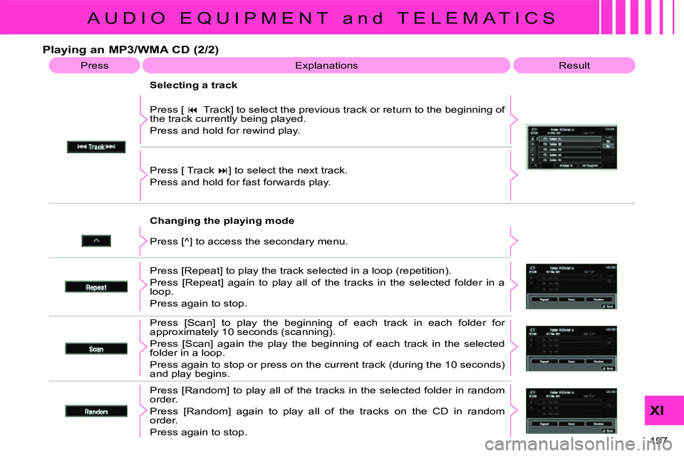CITROEN C CROSSER DAG 2009  Owners Manual A U D I O   E Q U I P M E N T   a n d   T E L E M A T I C S
XI
197 
  Changing the playing mode 
 Press [  
�� � Track] to select the previous track or return to the beginning of  
the track curren