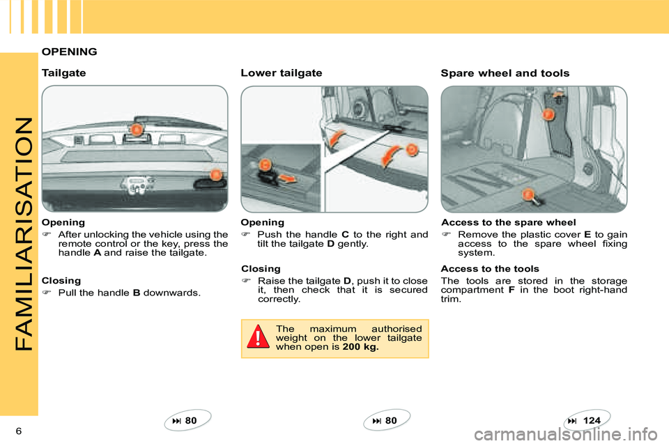 CITROEN C CROSSER DAG 2009  Owners Manual 6 
FAMILIARISATION
  Opening  
   
��    After unlocking the vehicle using the 
remote control or the key, press the  
handle   A  and raise the tailgate.   
  Tailgate    Lower tailgate 
  Opening