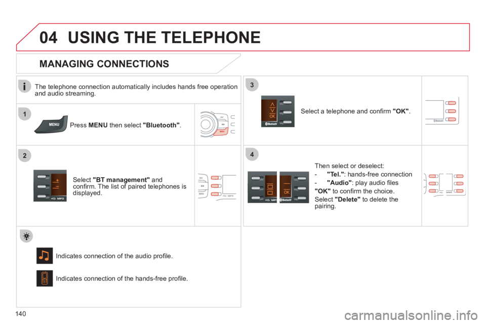 CITROEN C ZERO 2010 User Guide 1
2
3
04
4
140
USING THE TELEPHONE
The telephone connection automatically includes hands free operation
and audio streaming.
Pr
ess MENU then select "Bluetooth".
Select "BT management"and CITROEN C ZERO 2010 User Guide 1
2
3
04
4
140
USING THE TELEPHONE
The telephone connection automatically includes hands free operation
and audio streaming.
Pr
ess MENU then select "Bluetooth".
Select "BT management"and