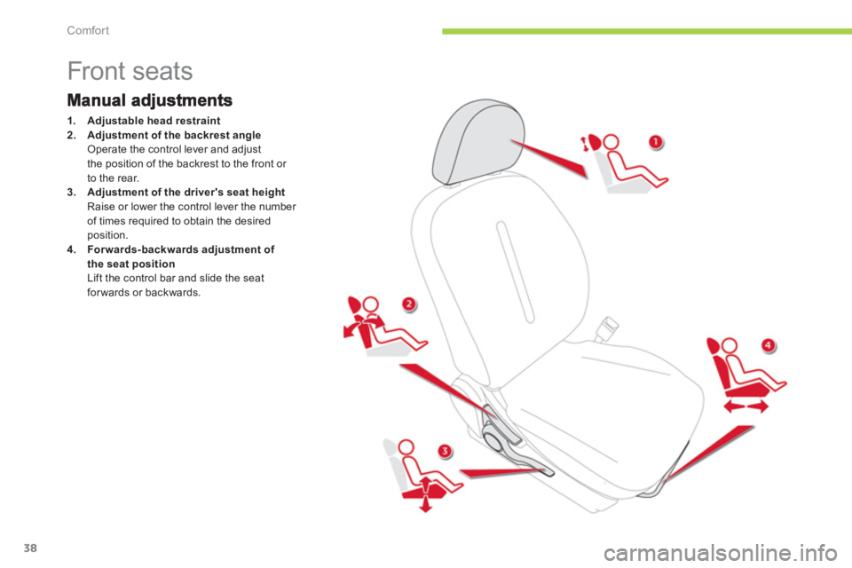 CITROEN C ZERO 2010  Owners Manual Comfort
38
   
 
 
 
 
 
 
 
 
 
 
 
 
 
Front seats 
1.Adjustable head restraint2.Adjustment of the backrest angle
Operate the control lever and adjust 
the position of the backrest to the front or 
