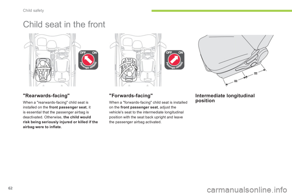 CITROEN C ZERO 2010  Owners Manual Child safety
62
  Child seat in the front  
"Rearwards-facing"
When a "rear wards-facing" child seat is installed on the  front passenger seat, itis essential that the passenger airbag is 
deactivated