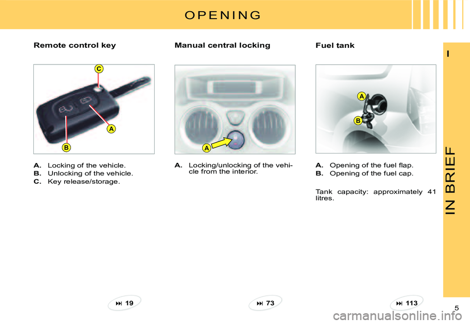 CITROEN C2 DAG 2007  Owners Manual A
C
BA
A
B
IN BRIEF
5 
I
Fuel tank
A.�  �O�p�e�n�i�n�g� �o�f� �t�h�e� �f�u�e�l� �ﬂ� �a�p�.
B.  Opening of the fuel cap.
Tank  capacity:  approximately  41 litres.
A.  Locking/unlocking of the vehi-c