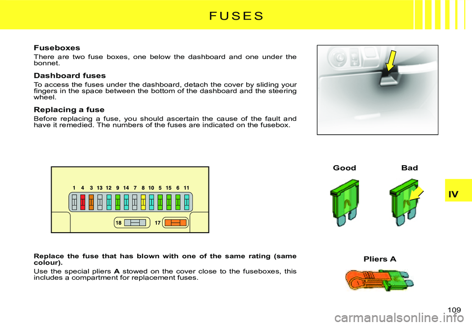 CITROEN C2 DAG 2007  Owners Manual �1�0�9� 
IV
F U S E S
Fuseboxes
There  are  two  fuse  boxes,  one  below  the  dashboard  and  one under  the bonnet.
Dashboard fuses
To access the fuses under the dashboard, detach the cover by slid