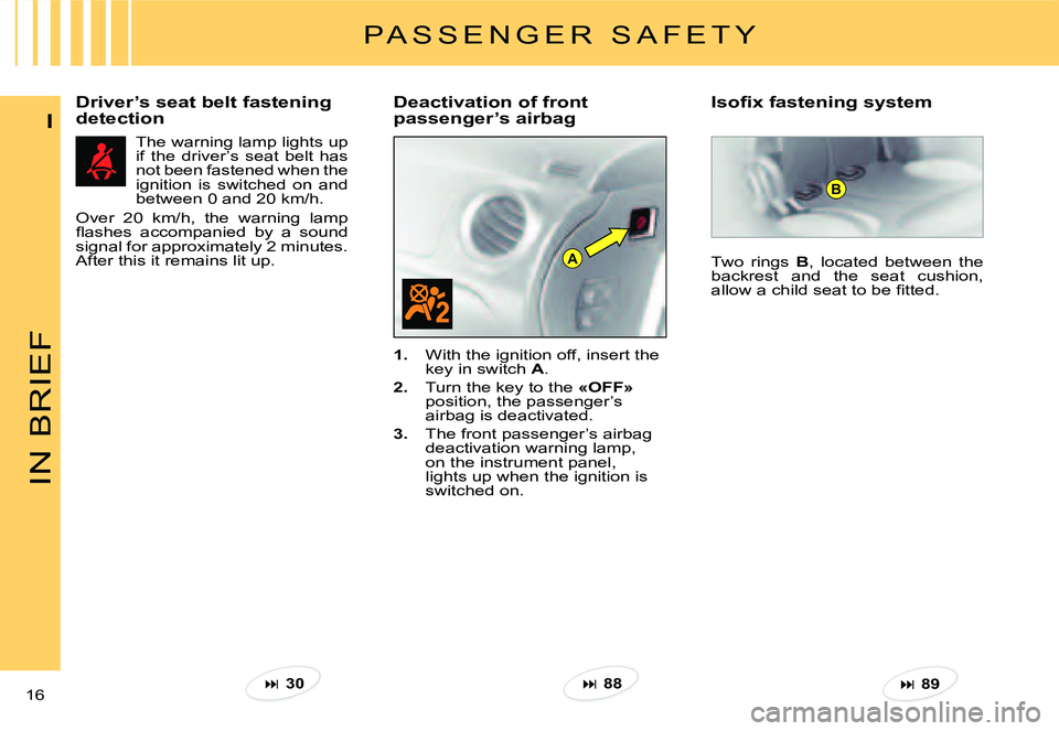 CITROEN C2 DAG 2007 User Guide A
B
IN BRIEF
16 
I
Driver’s seat belt fastening detectionDeactivation of front passenger’s airbag 
The warning lamp lights up if  the  driver’s  seat  belt  has not been fastened when the igniti