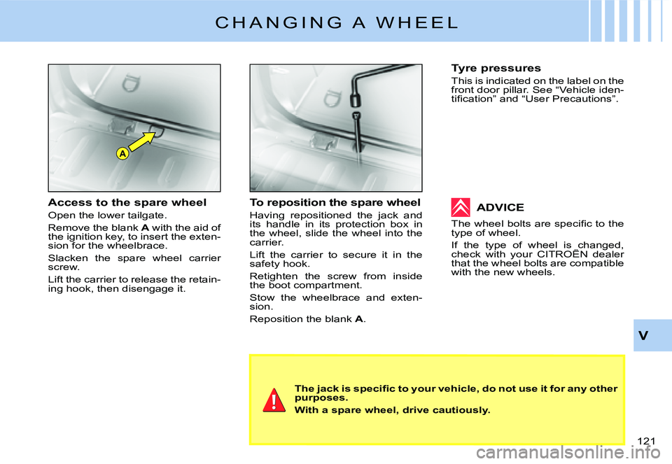 CITROEN C2 DAG 2007  Owners Manual A
�1�2�1� 
V
C H A N G I N G   A   W H E E L
�T�h�e� �j�a�c�k� �i�s� �s�p�e�c�i�ﬁ� �c� �t�o� �y�o�u�r� �v�e�h�i�c�l�e�,� �d�o� �n�o�t� �u�s�e� �i�t� �f�o�r� �a�n�y� �o�t�h�e�r� purposes.
With a spar