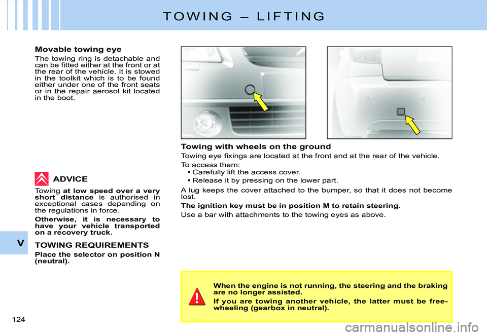 CITROEN C2 DAG 2007  Owners Manual �1�2�4� 
V
T O W I N G   –   L I F T I N G
Towing with wheels on the ground
�T�o�w�i�n�g� �e�y�e� �ﬁ� �x�i�n�g�s� �a�r�e� �l�o�c�a�t�e�d� �a�t� �t�h�e� �f�r�o�n�t� �a�n�d� �a�t� �t�h�e� �r�e�a�r� 