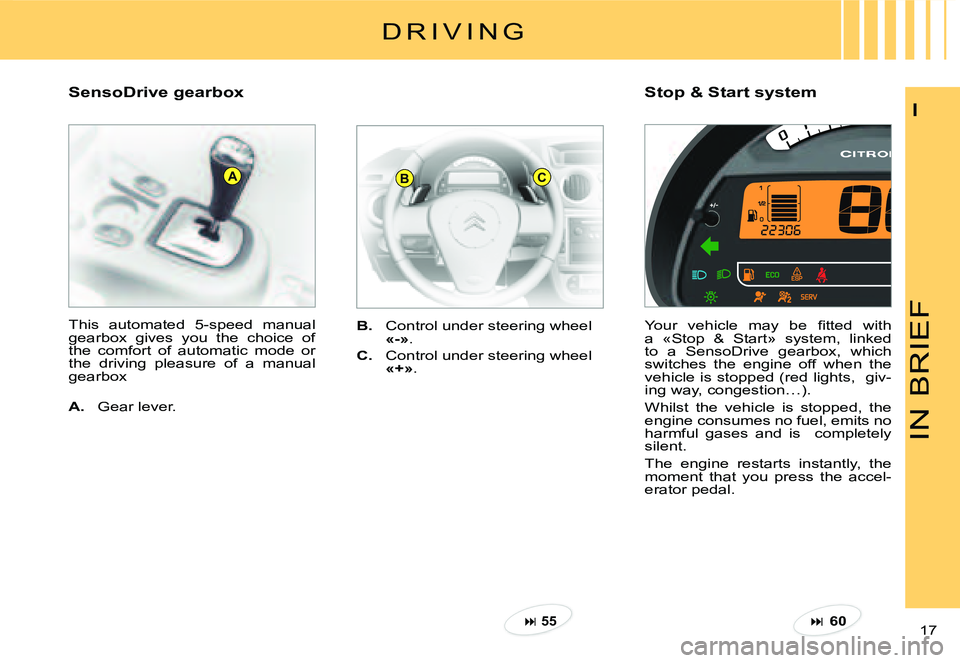 CITROEN C2 DAG 2007 User Guide ABC
IN BRIEF
17 
I
Stop & Start systemSensoDrive gearbox
B.  Control under steering wheel «-».
C.  Control under steering wheel «+».
This  automated  5-speed  manual gearbox  gives  you  the  choi