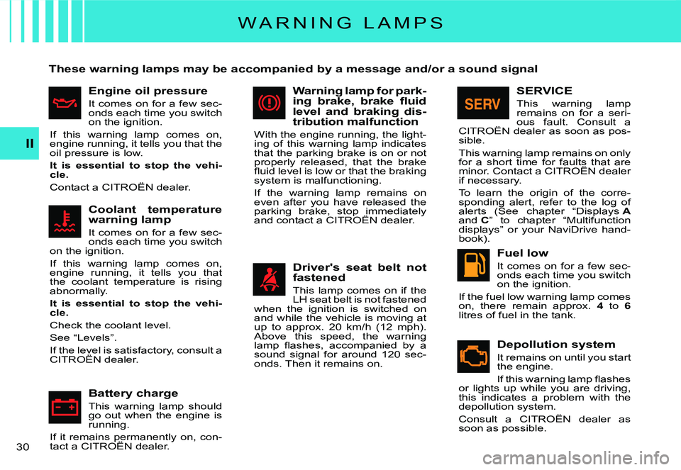 CITROEN C2 DAG 2007 Owners Manual �3�0� 
II
W A R N I N G   L A M P S
These warning lamps may be accompanied by a message and/or a sound signal
Engine oil pressure
It comes on for a few sec-onds each time you switch on the ignition.
I