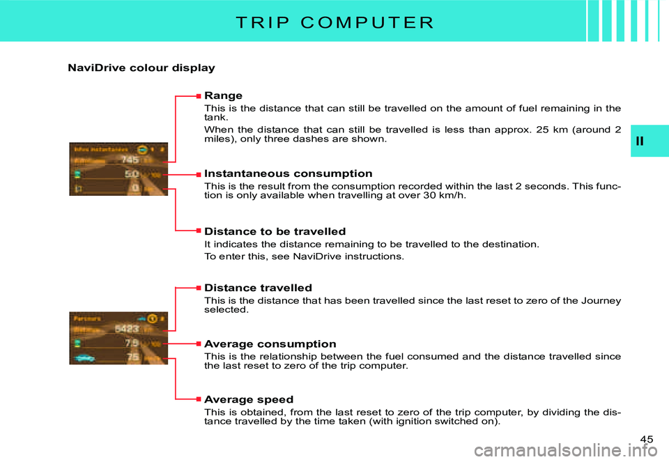 CITROEN C2 DAG 2007 Service Manual �4�5� 
II
T R I P   C O M P U T E R
NaviDrive colour display
Range
This is the distance that can still be travelled on the amount of fuel remaining in the tank.
�W�h�e�n�  �t�h�e�  �d�i�s�t�a�n�c�e�  