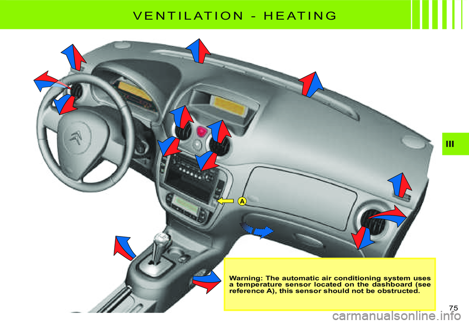 CITROEN C2 DAG 2007 Manual PDF A
�7�5� 
III
Warning: The automatic air conditioning system uses a  temperature  sensor  located  on  the  dashboard  (see reference A), this sensor should not be obstructed.
�V �E �N �T �I �L �A �T �