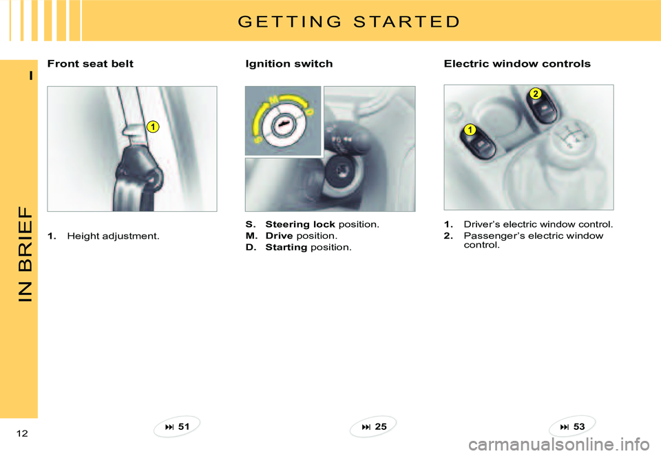 CITROEN C2 DAG 2007  Owners Manual 11
2
IN BRIEF
12 
I
G E T T I N G   S T A R T E D
Ignition switch
S.Steering lock position.
M.Drive position.
D.Starting position.
Front seat belt
1.  Height adjustment.
Electric window controls
1.Dri