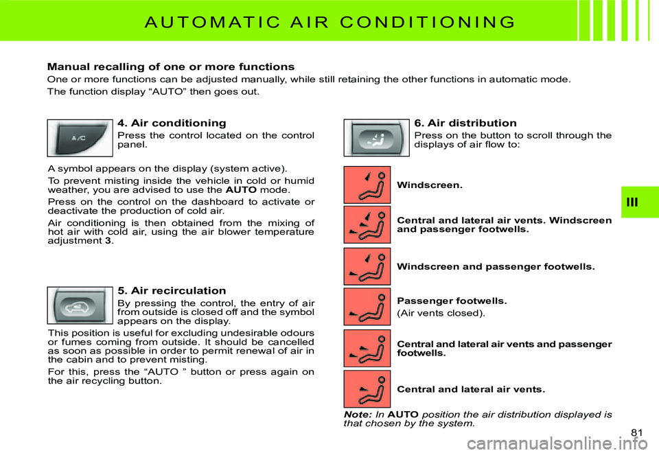 CITROEN C2 DAG 2007 Manual Online �8�1� 
III
 A U T O M A T I C   A I R   C O N D I T I O N I N G 
Manual recalling of one or more functions
One or more functions can be adjusted manually, while still retaining the other functions in 