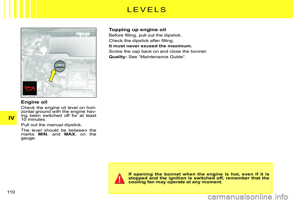 CITROEN C3 2007  Owners Manual IV
�1�1�0� 
Engine oil
Check the engine oil level on hori-zontal ground with the engine hav-ing  been  switched  off  for  at  least �1�0� �m�i�n�u�t�e�s�.
Pull out the manual dipstick.
The  level  sh