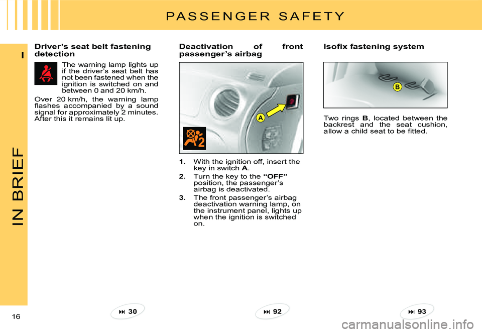 CITROEN C3 2007  Owners Manual A
B
IN BRIEF
16 
I
Driver’s seat belt fastening  
detectionDeactivation  of  front 
passenger’s airbag 
The warning lamp lights up if  the  driver’s  seat  belt  has not been fastened when the i